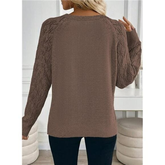 Womens Crochet Sweater Lightweight V Neck Long Sleeve Summer Pullover Top - Picture 2 of 6